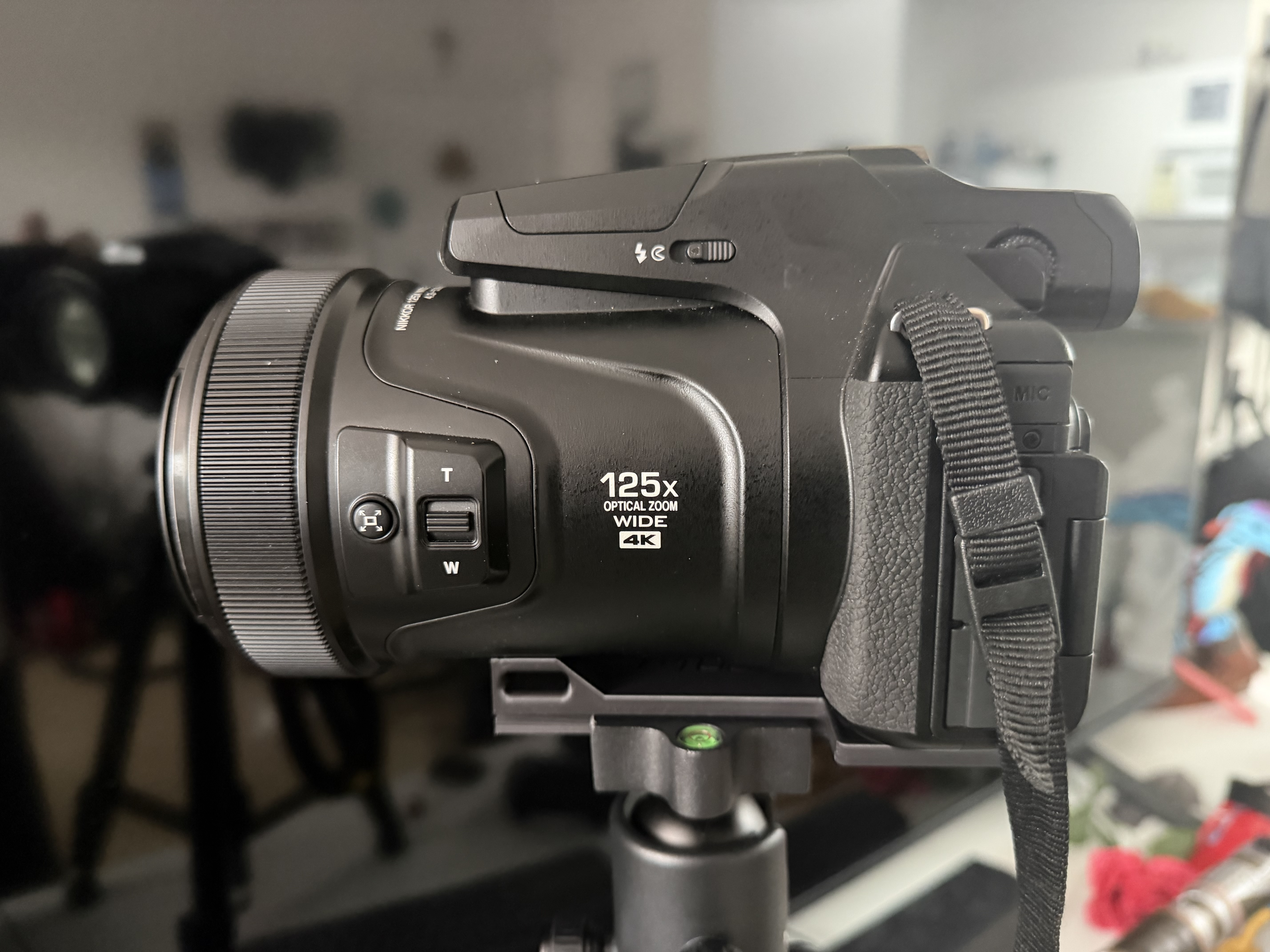 Side bow of camera mounted on tripod